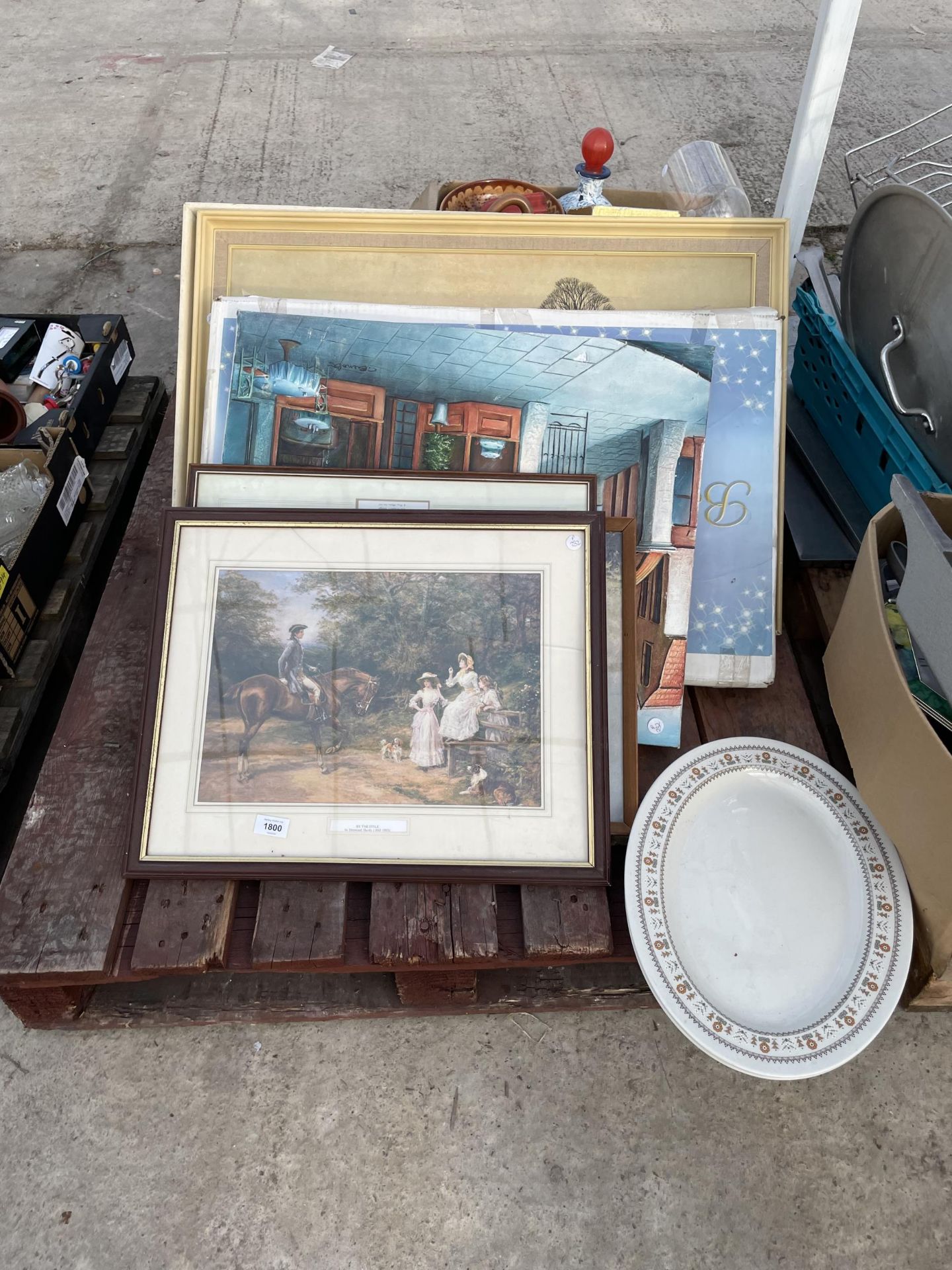 AN ASSORTMENT OF HOUSHOLD CLEARANCE ITEMS TO INCLUDE PRINTS, AND CERAMICS ETC