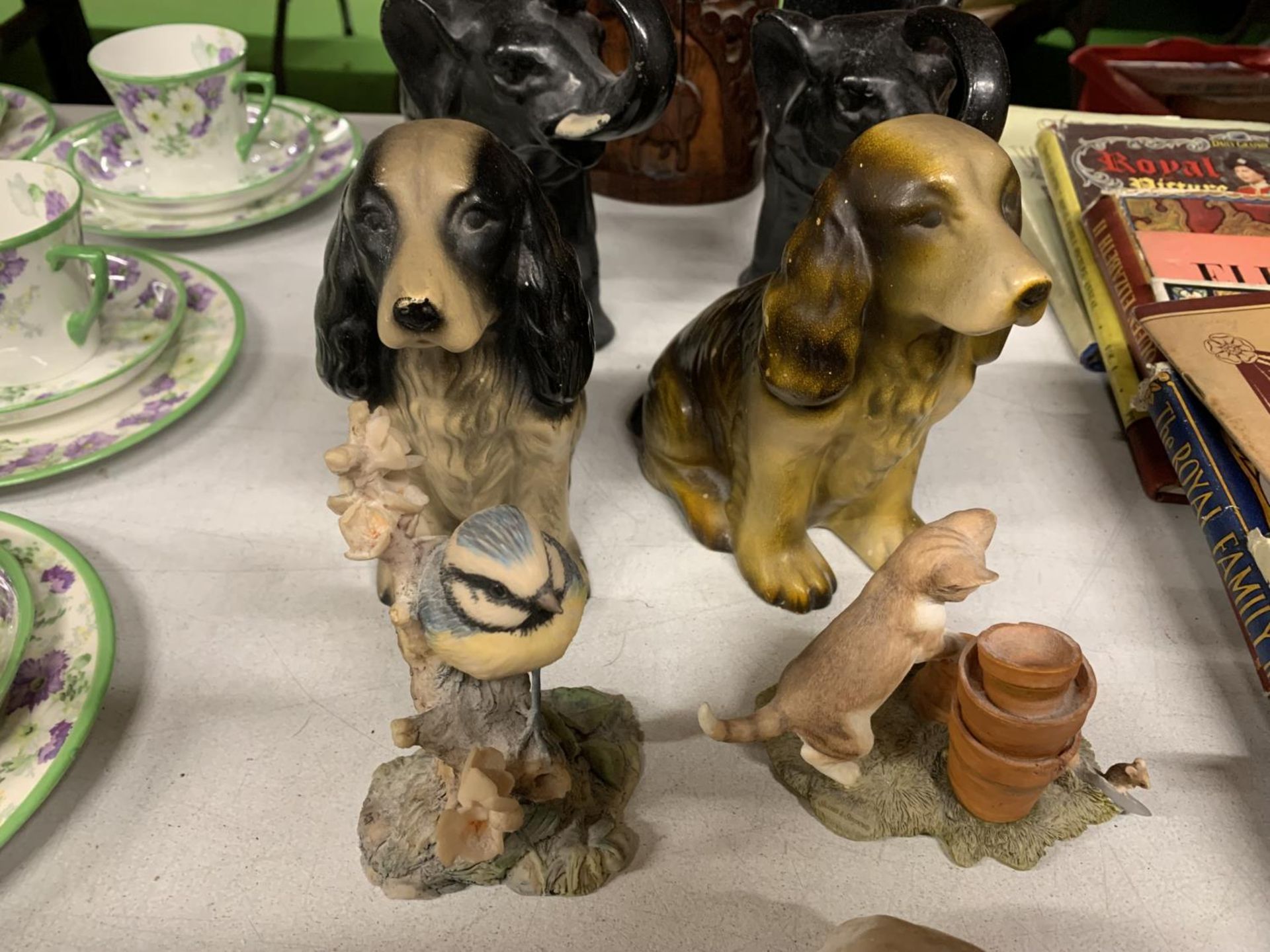 A QUANTITY OF CERAMICS TO INCLUDE DOGS, MARBLE STYLE LIONS, ELEPHANT PLANTERS CARVED TREEN BRUSH - Image 3 of 4