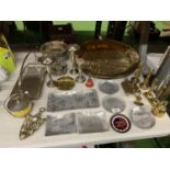 A QUANTITY OF ITEMS TO INCLUDE VASES, CONDIMENT SET, BRASS PLAQUE, PEWTER ITEMS, CANDLESTICKS