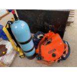 AN ASSORTMENT OF DIVING EQUIPMENT TO INCLUDE AN OXYGEN TANK, LIFE JACKET ETC