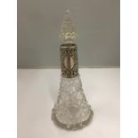 A CUT GLASS PERFUME BOTTLE WITH AN ORNATE FULLY HALLMARKED BIRMINGHAM SILVER COLLAR WITH MAKERS NAME