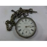 A MANS HALLMARKED SILVER CASED POCKET WATCH AND A WHITE METAL CHAIN, A/F