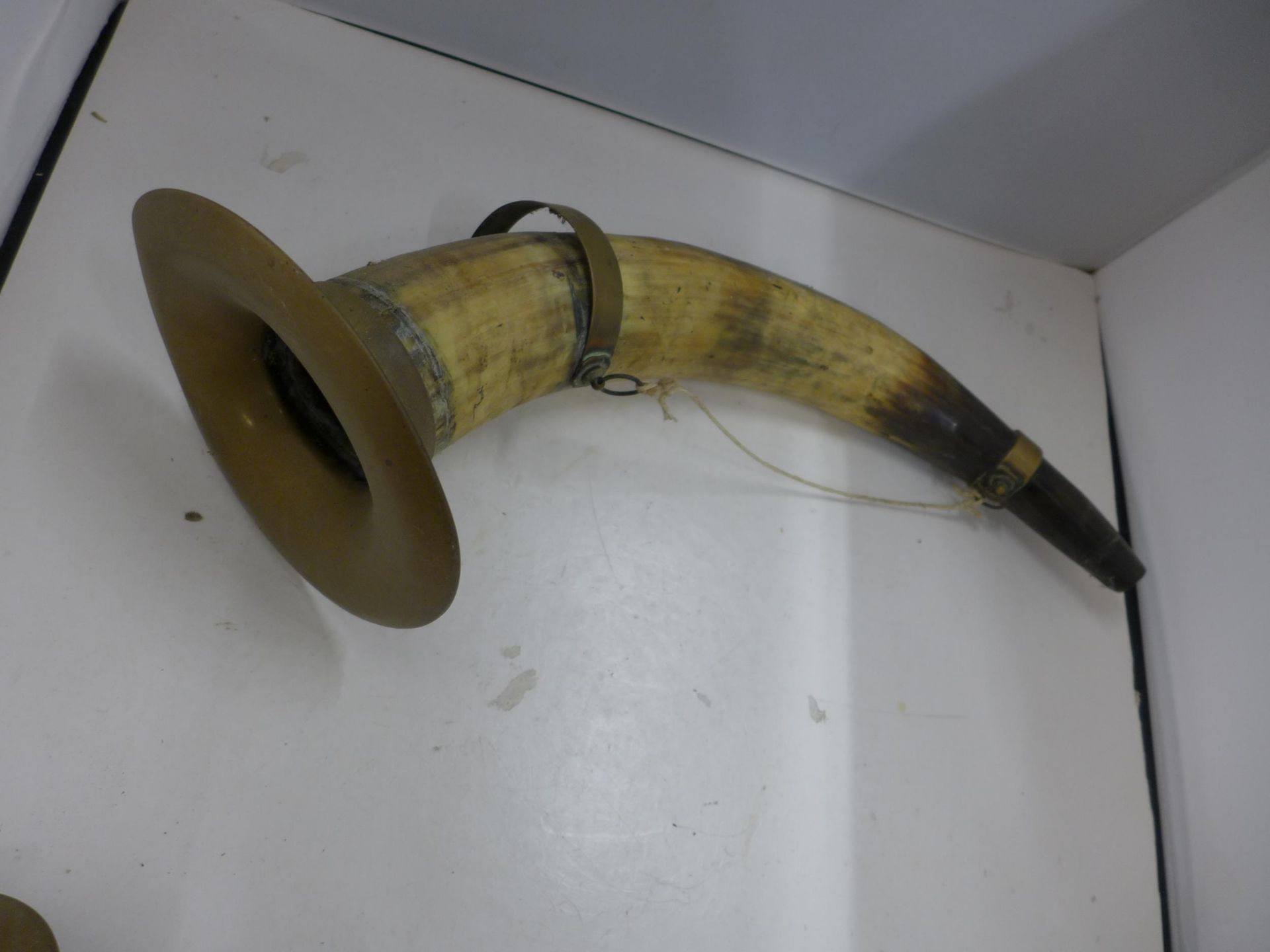 TWO LARGE VINTAGE BRASS MOUNTED HORN BUGLES, LENGTHS, 39CM AND 50CM (ONE A/F) - Image 4 of 4