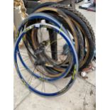 AN ASSORTMENT OF BIKE TYRES AND RIMS TO INCLUDE ROLF VECTOR ETC