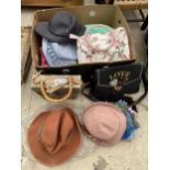 AN ASSORTMENT OF LADIES HATS AND HANDBAGS ETC