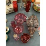 VARIOUS CRANBERRY WARE ITEMS TO INCLUDE JUGS, GLASSES, A PERFUME DECANTER AND A MOULDED GLASS AND