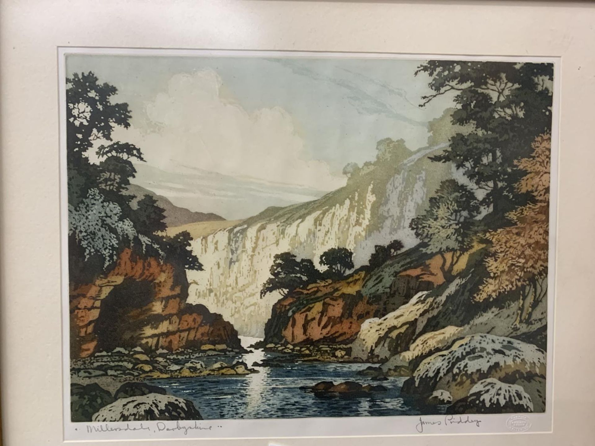 A GILT FRAMED PICTURE 'MILLERS DALE, DERBYSHIRE' SIGNED BY JAMES PRIDDEY - Image 2 of 2