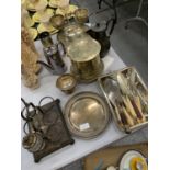 A QUANTITY OF SILVER PLATED ITEMS TO INCLUDE TEAPOTS, A CONDIMENT HOLDER, SERVING DISH, MUSTARD POT,