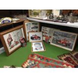 FIVE FRAMED PRINTS OF MICHAEL SCHUMACHER, TWO ARE SIGNED K W DAVIS AND ARE LIMITED EDITIONS PLUS A