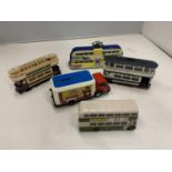 FIVE CORGI VEHICLES TO INCLUDE BUSES AND A TRAM