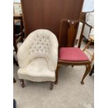 A VICTORIAN CHILDS TUB CHAIR WITH BUTTON-BACK AND A SINGLE DINING CHAIR