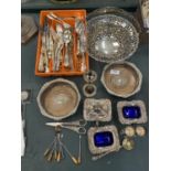 A COLLECTION OF VINTAGE SILVER PLATED ITEMS TO INCLUDE A WMF PIERCED FRUIT BASKET WITH HANDLE,