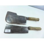 TWO EARLY 20TH CENTURY MEAT CLEAVERS (POSSIBLY USED IN THE TRENCHES) ONE MARKED WM MARPLES AND