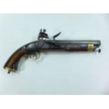 AN EARLY 19TH CENTURY FLINTLOCK EAST INDIA COMPANY PISTOL, 21CM BARREL, SWIVEL RAMROD, BRASS MOUNTS