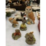 TWO BESWICK OWLS, A BESWICK CAT AND THREE FURTHER WOODLAND ORNAMENTS