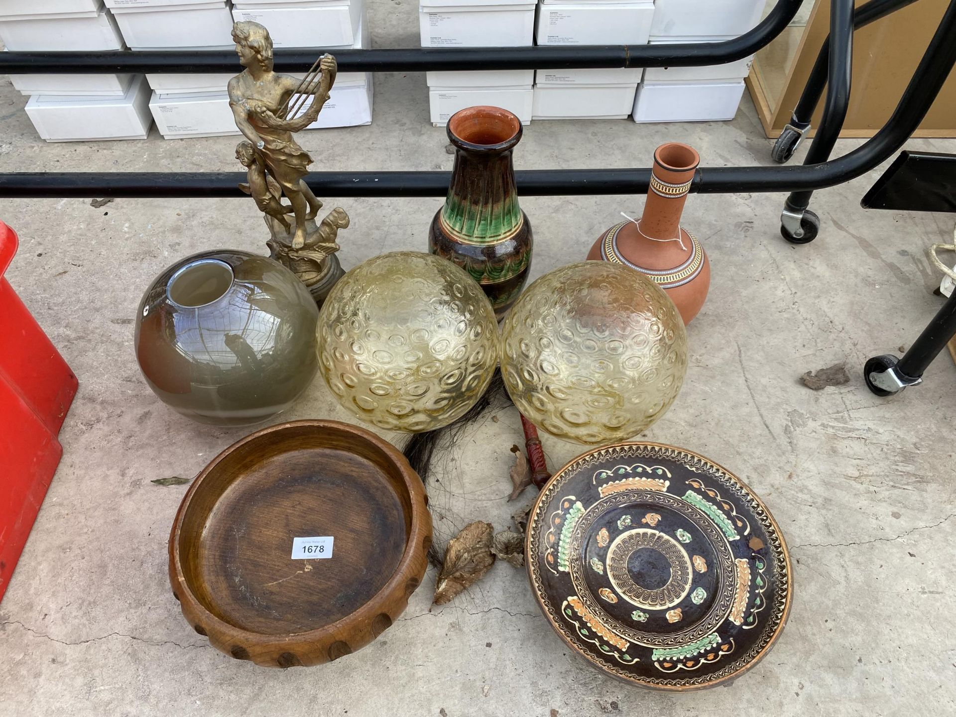 AN ASSORTMENT OF ITEMS TO INCLUDE CERAMIC VASES, GLASS SHADES AND A TREEN BOWL ETC