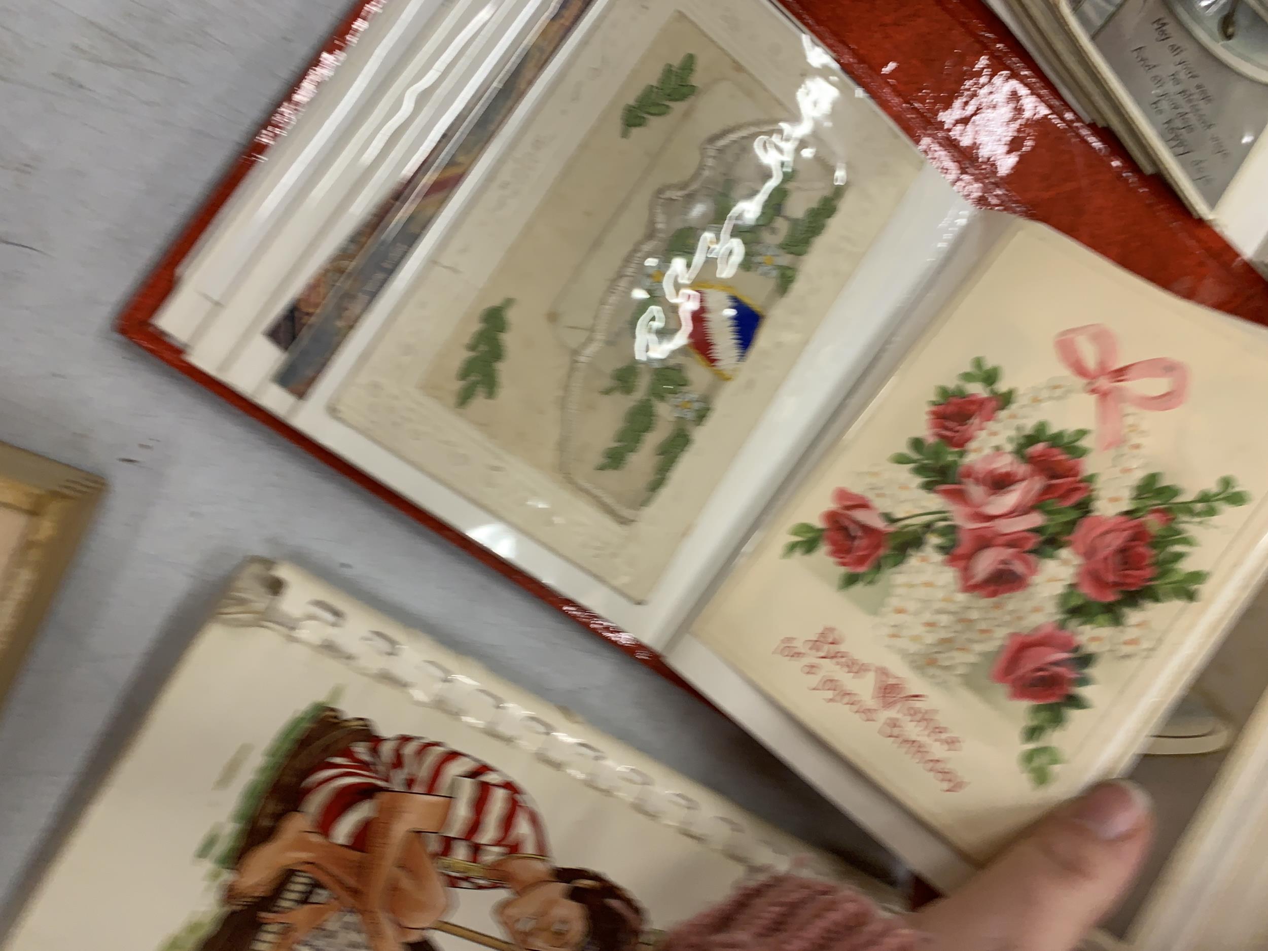 A PHOTO ALBUM CONTAINING VINTAGE POSTCARDS AND GREETINS CARDS, SOME HAND EMBROIDERED - Image 4 of 7