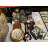 VARIOUS ITEMS TO INCLUDE CLOCKS, BAROMETER, BRASS OIL LAMPS, SILVER PLATED MATS ETC