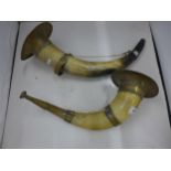 TWO LARGE VINTAGE BRASS MOUNTED HORN BUGLES, LENGTHS, 39CM AND 50CM (ONE A/F)