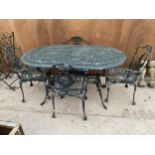 A VINTAGE CAST ALLOY GARDEN PATIO SET COMPRISING OF OBLONG TABLE AND FOUR CHAIRS
