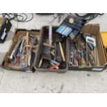 A LARGE ASSORTMENT OF HAND TOOLS TO INCLUDE BRACE DRILLS, TROWELS AND SAWS ETC