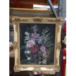 AN OIL ON BOARD STILL LIFE PAINTING OF FLOWERS IN AN IVORY AND GILT FRAME 64CM X 71CM