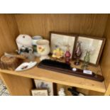AN ASSORTMENT OF ITEMS TO INCLUDE A TREEN BUTTER DISH, A SNOOKER TABLE BRUSH AND FRAMED PRINTS ETC