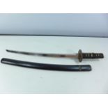 A 19TH CENTURY MEIJI PERIOD WAKIZASHI, 49CM BLADE, COPPER TSUBA, WOOD SAYA SCABBARD, A/F