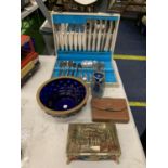 AN ASSORTMENT OF ITEMS TO INCLUDE BRASS AND BLUE GLASS BOWL, BEZIQUE MARKERS IN CASE, CANTEEN OF
