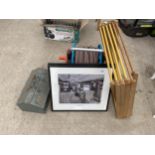 AN ASSORTMENT OF ITEMS TO INCLUDE A HOSE REEL, TWO FRAMED PRINTS AND A METAL TOOL BOX ETC