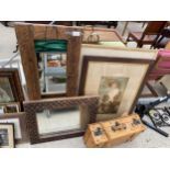 AN ASSORTMENT OF FRAMED PRINTS AND MIRRORS AND A TRAVEL CASE