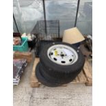 AN ASSORTMENT OF HOUSHOLD CLEARANCE ITEMS TO INCLUDE WHEELS AND A PET CAGE ETC