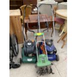 A HYUNDAI PETROL LAWN MOWER, A FLORA BEST ROTAVATOR AND A FURTHER PETROL LAWN MOWER