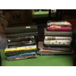 AN ASSORTMENT OF VINTAGE HARDBACKS TO INLCUDE COOKERY BOOKS, SEWING, WORLD ATLAS'S, ANTIQUES BOOKS