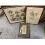 A FRAMED CAT PRINT PLUS TWO LOUIS WAIN CAT PRINTS