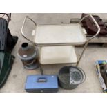 AN ASSORTMENT OF ITEMS TO INCLUDE A TEA TROLLEY, A GALVANISED MOP BUCKET AND A TOOL BOX ETC