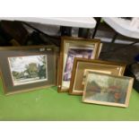 SIX FRAMED PRINTS AND PAINTINGS TO INCLUDE, AN OIL ON BOARD OF BOATS, A COTTAGE, CHURCH ETC