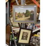 TWO FRAMED PRINTS, ONE SIGNED WITH A CANAL SCENE AND THE OTHER A RURAL STREET SCENE