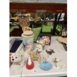 A COLLECTION OF ITEMS TO INCLUDE, ORNAMENTAL DOGS, A COBRIDGE VASE, TIN CAT, ETC