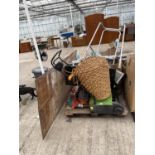 AN ASSORTMENT OF HOUSEHOLD CLEARANCE ITEMS TO INCLUDE A WICKER BASKET, A LAWN RAKE AND BLINDS ETC