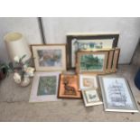 AN ASSORTMENT OF FRAMED PRINTS AND PICTURES TO ALSO INCLUDE A TABLE LAMP