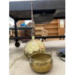 A BRASS BED WARMING PAN AND A FURTHER BRASS TWIN HANDLED POT