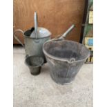 THREE VINTAGE GALVANISED ITEMS TO INCLUDE A BUCKET, A WATERING CAN AND A FURTHER SMALL BUCKET
