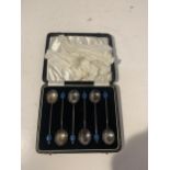 A BOXED SET OF SIX ANTIQUE INDIVIDUALLY HALLMARKED BIRMINGHAM SILVER COFFE BEAN SPOONS