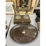 A SILVER PLATED TRAY, CANDLEABRAS AND A BOX CONTAINING CUTLERY