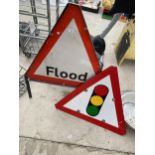 TWO METAL ROAD SIGNS TO INCLUDE FLOOD ETC