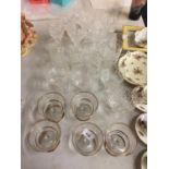 A QUANTITY OF GLASSES TO INCLUDE, WINE, TUMBLERS, DESSERT DISHES, ETC