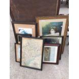 AN ASSORTMENT OF FRAMED PRINTS AND PICTURES TO INCLUDE MAPS ETC