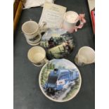 TWO RAILWAY THEMED STEAM ENGINE PLATES PLUS FOUR COLLECTABLE MUGS