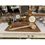 A COLLECTION OF TREEN ITEMS TO INCLUDE, AN ICE BUCKET, SALTER SCALES, BELL, TRAY, ETC